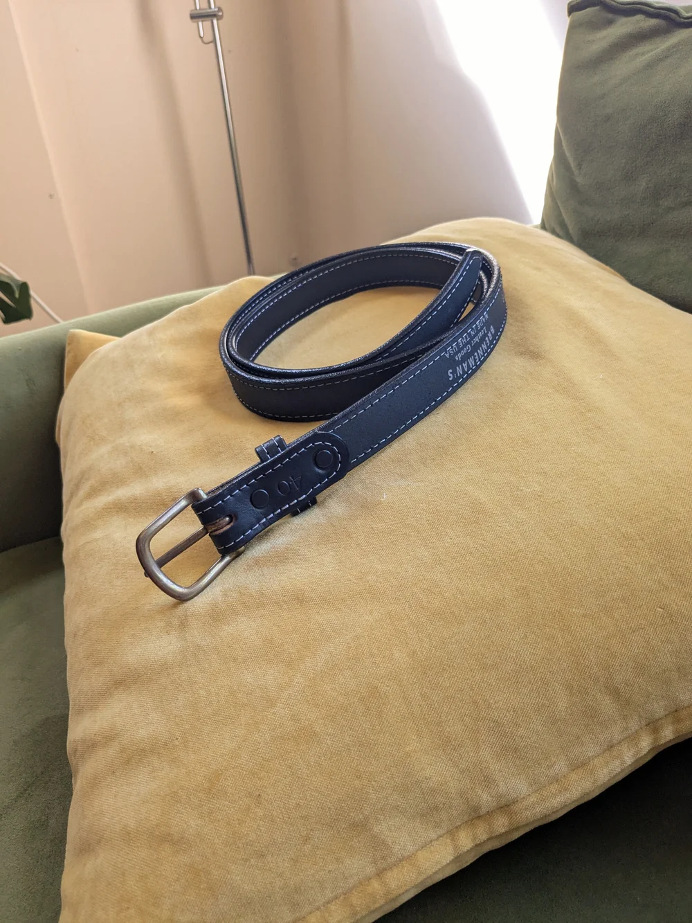 Black Leather Belt with Contrast Stitching from Brenneman's Leather Goods